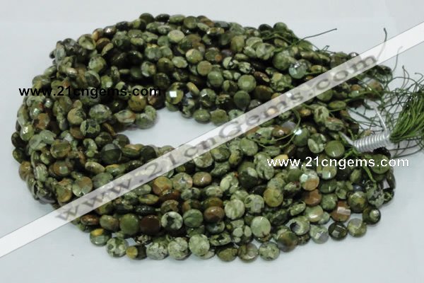 CPS83 15.5 inches 10mm faceted flat round green peacock stone beads