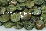 CPS84 15.5 inches 12mm faceted flat round green peacock stone beads