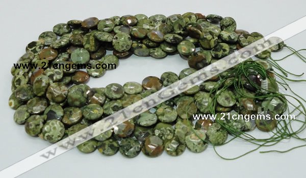 CPS84 15.5 inches 12mm faceted flat round green peacock stone beads