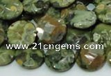 CPS85 15.5 inches 14mm faceted flat round green peacock stone beads