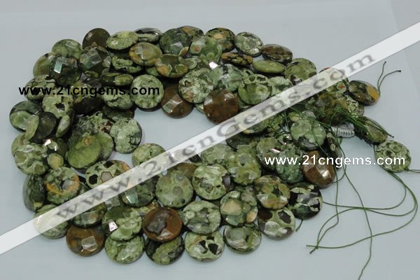 CPS86 15.5 inches 16mm faceted flat round green peacock stone beads