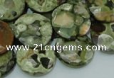 CPS87 15.5 inches 20mm faceted flat round green peacock stone beads