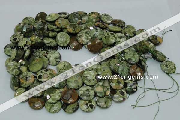 CPS87 15.5 inches 20mm faceted flat round green peacock stone beads