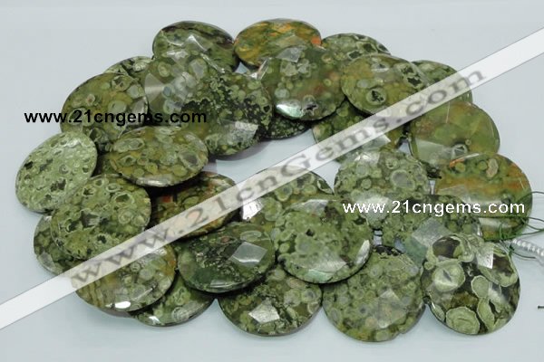 CPS88 15.5 inches 40mm faceted flat round green peacock stone beads