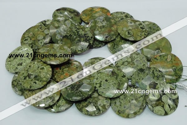 CPS93 15.5 inches 30mm faceted flat round green peacock stone beads