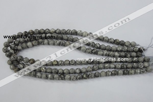 CPT112 15.5 inches 8mm faceted round grey picture jasper beads