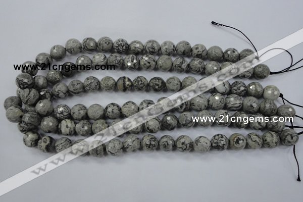 CPT114 15.5 inches 12mm faceted round grey picture jasper beads