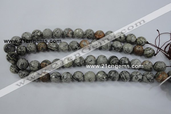 CPT115 15.5 inches 14mm faceted round grey picture jasper beads