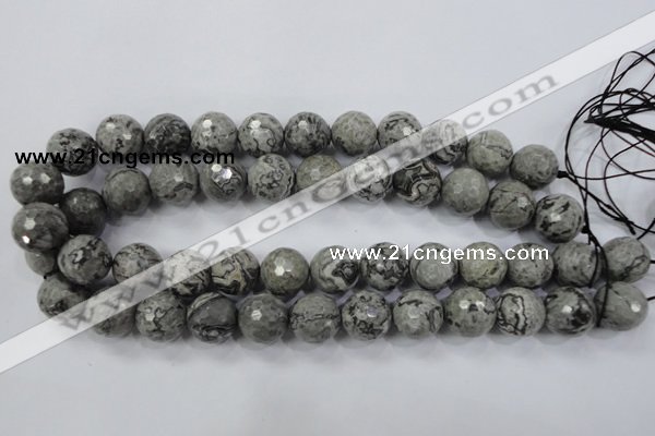 CPT116 15.5 inches 16mm faceted round grey picture jasper beads