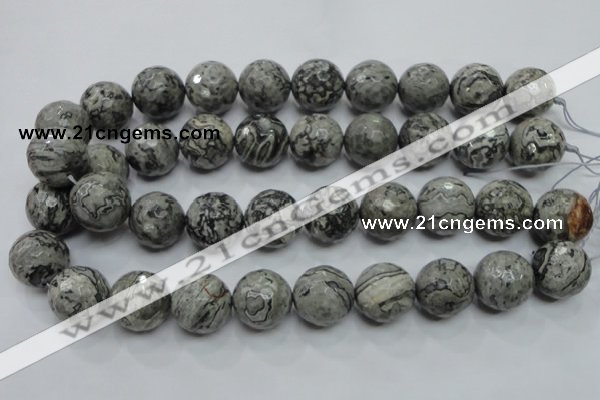 CPT118 15.5 inches 20mm faceted round grey picture jasper beads
