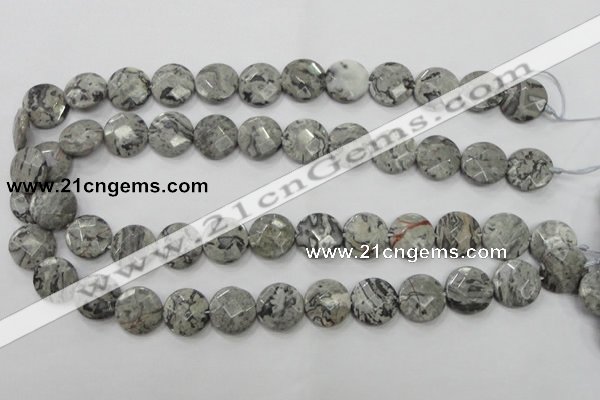 CPT125 15.5 inches 15mm faceted coin grey picture jasper beads