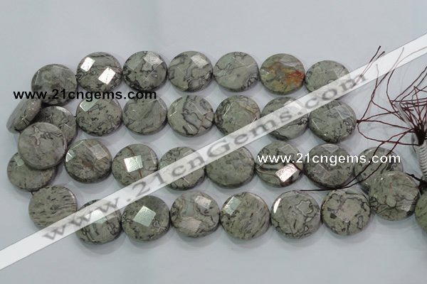 CPT126 15.5 inches 25mm faceted coin grey picture jasper beads