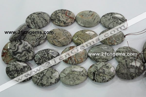 CPT130 15.5 inches 30*40mm faceted oval grey picture jasper beads