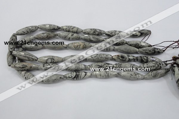 CPT136 15.5 inches 10*30mm faceted rice grey picture jasper beads