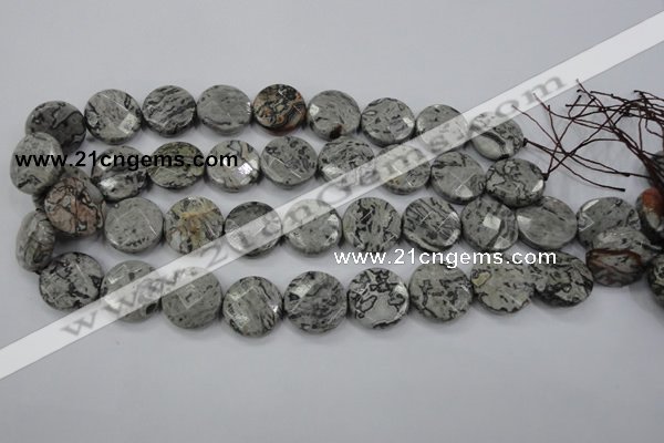 CPT141 15.5 inches 20mm faceted coin grey picture jasper beads