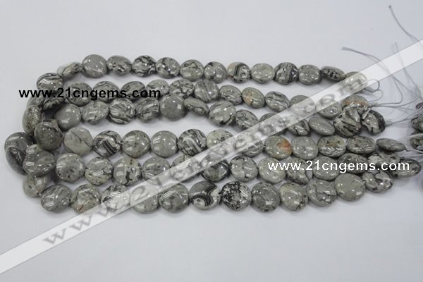 CPT164 15.5 inches 14mm flat round grey picture jasper beads