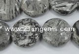 CPT167 15.5 inches 20mm flat round grey picture jasper beads