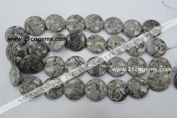 CPT168 15.5 inches 25mm flat round grey picture jasper beads