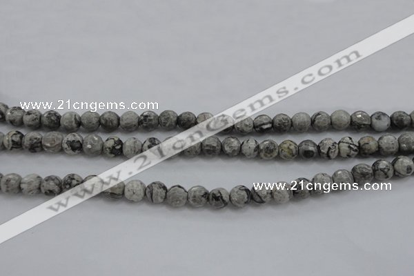 CPT187 15.5 inches 6mm faceted round grey picture jasper beads