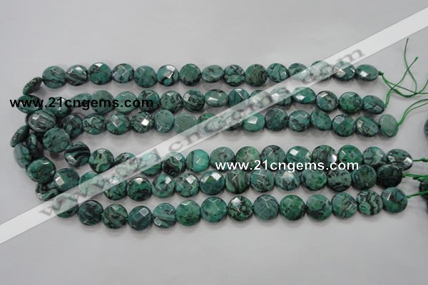 CPT232 15.5 inches 12mm faceted coin green picture jasper beads