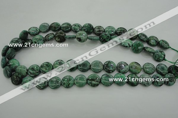 CPT328 15.5 inches 14mm flat round green picture jasper beads