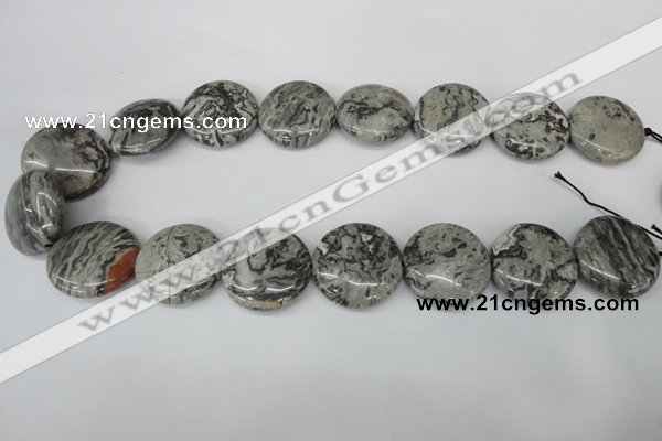 CPT360 15.5 inches 25mm flat round grey picture jasper beads