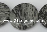 CPT361 15.5 inches 30mm flat round grey picture jasper beads