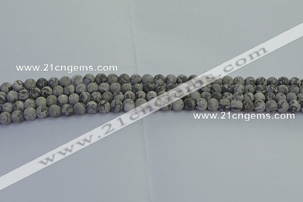 CPT570 15.5 inches 4mm round matte grey picture jasper beads