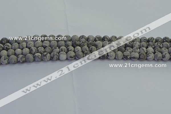 CPT571 15.5 inches 6mm round matte grey picture jasper beads