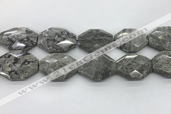 CPT582 30*40mm - 32*42mm faceted octagonal grey picture jasper beads