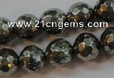 CPY107 15.5 inches 8mm faceted round pyrite gemstone beads wholesale