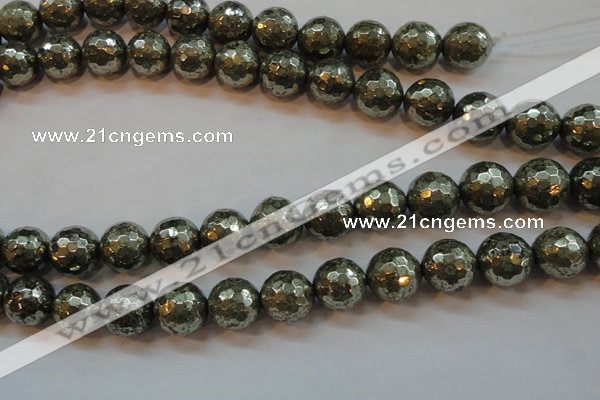 CPY109 15.5 inches 12mm faceted round pyrite gemstone beads wholesale