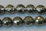 CPY110 15.5 inches 14mm faceted round pyrite gemstone beads wholesale