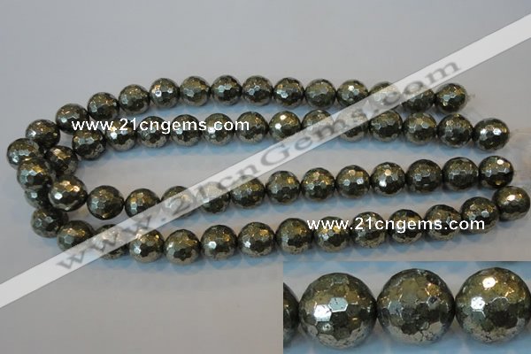 CPY110 15.5 inches 14mm faceted round pyrite gemstone beads wholesale