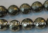 CPY111 15.5 inches 16mm faceted round pyrite gemstone beads wholesale