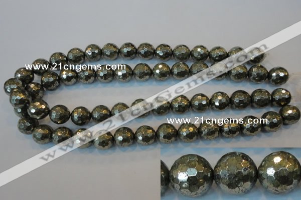 CPY111 15.5 inches 16mm faceted round pyrite gemstone beads wholesale