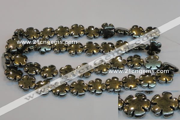 CPY165 15.5 inches 20mm carved flower pyrite gemstone beads wholesale