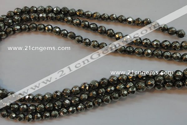 CPY50 16 inches 6mm faceted round pyrite gemstone beads wholesale