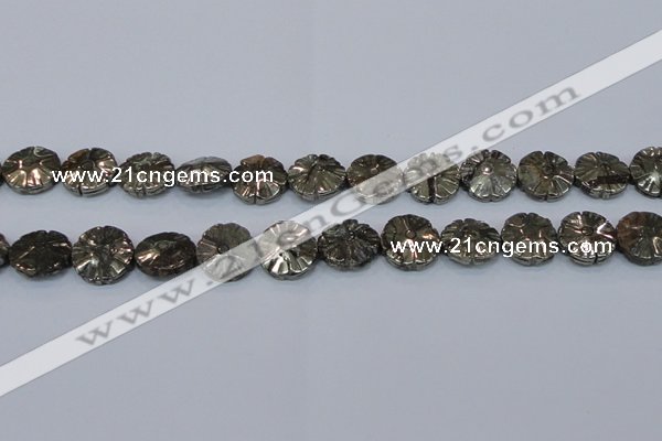 CPY660 15.5 inches 15mm carved flower pyrite gemstone beads