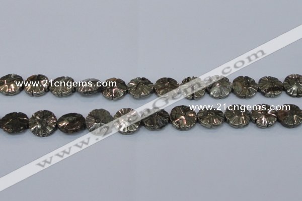 CPY661 15.5 inches 16mm carved flower pyrite gemstone beads