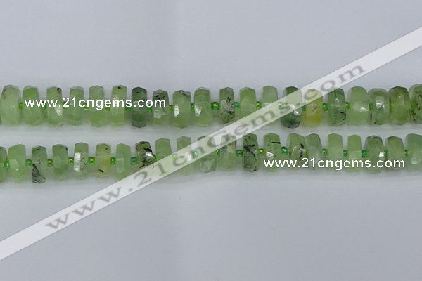 CRB1353 15.5 inches 7*14mm faceted rondelle green rutilated quartz beads