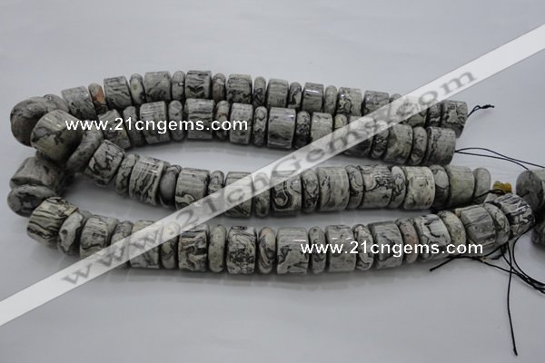 CRB196 15.5 inches 6*18mm – 13*18mm rondelle grey picture jasper beads