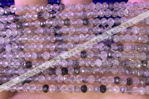 CRB2265 15.5 inches 3*4mm faceted rondelle black rutilated quartz beads