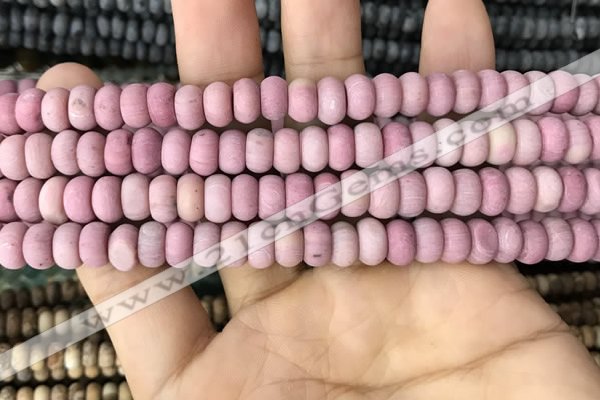 CRB5013 15.5 inches 4*6mm rondelle matte pink wooden fossil jasper beads