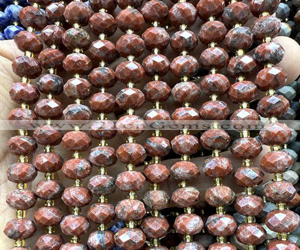 CRB6352 15 inches 6*10mm faceted rondelle red sesame jasper beads