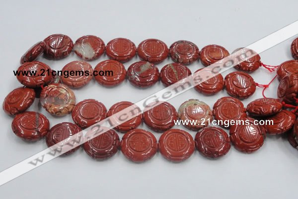 CRE20 16 inches 25mm carved coin natural red jasper beads wholesale