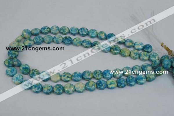 CRF117 15.5 inches 12mm flat round dyed rain flower stone beads