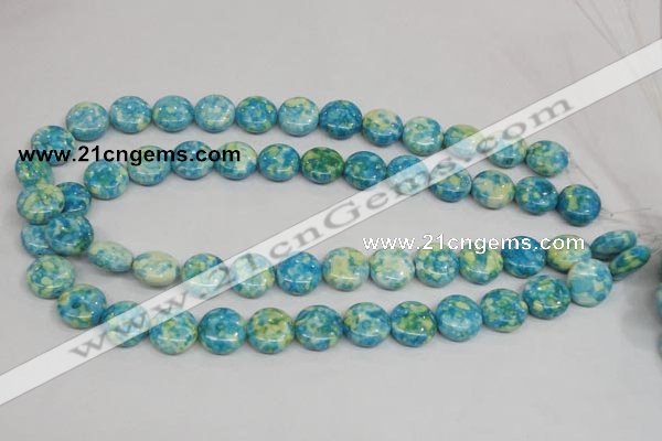 CRF118 15.5 inches 14mm flat round dyed rain flower stone beads