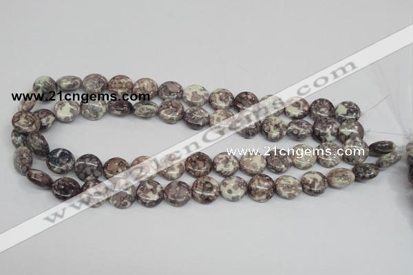 CRF237 15.5 inches 14mm flat round dyed rain flower stone beads