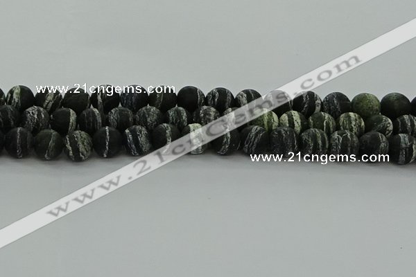 CRO1124 15.5 inches 12mm round matte green silver line jasper beads